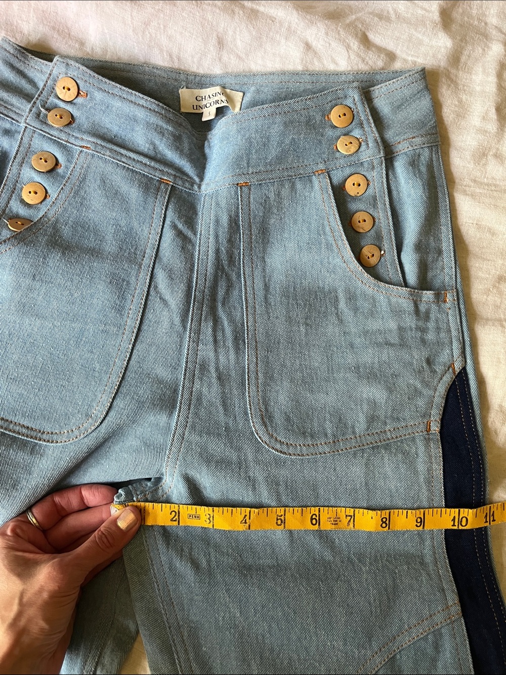 Chasing Unicorns 🪬 Patchwork Red Hot Denim Flares sz Small - Picture 13 of 13